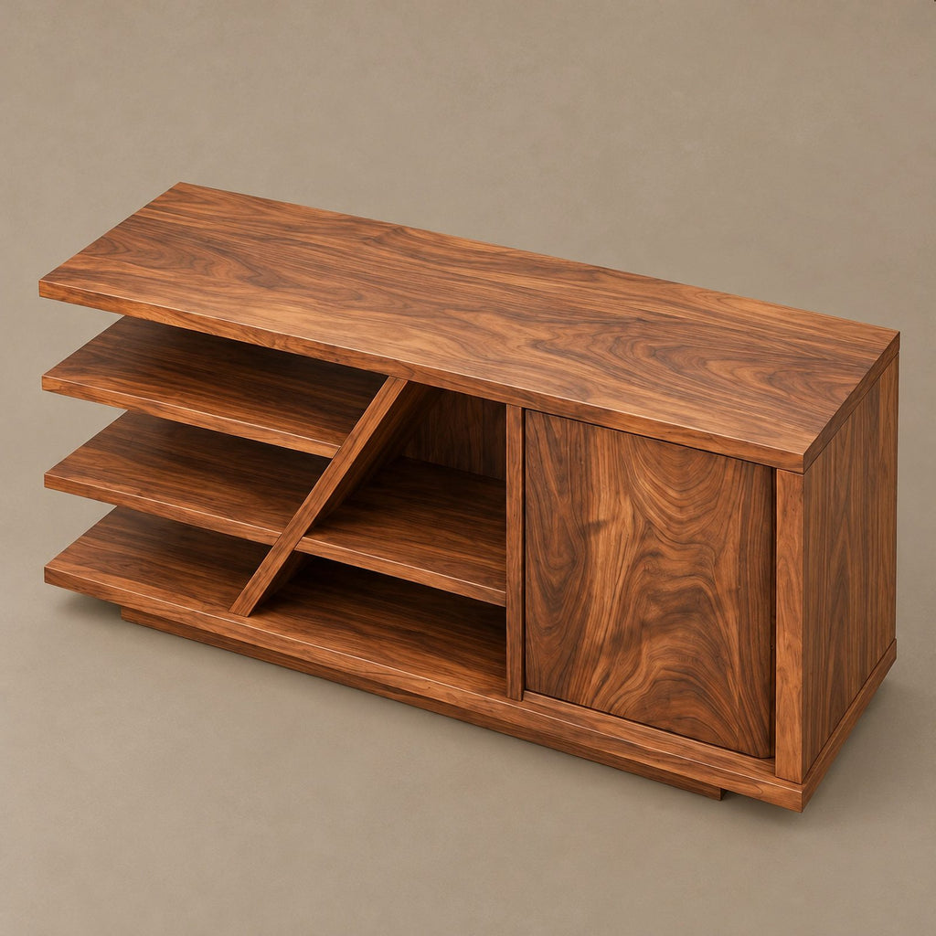 Live Edge Wood Sideboard With Open Shelf And Angled Leg For Entryway