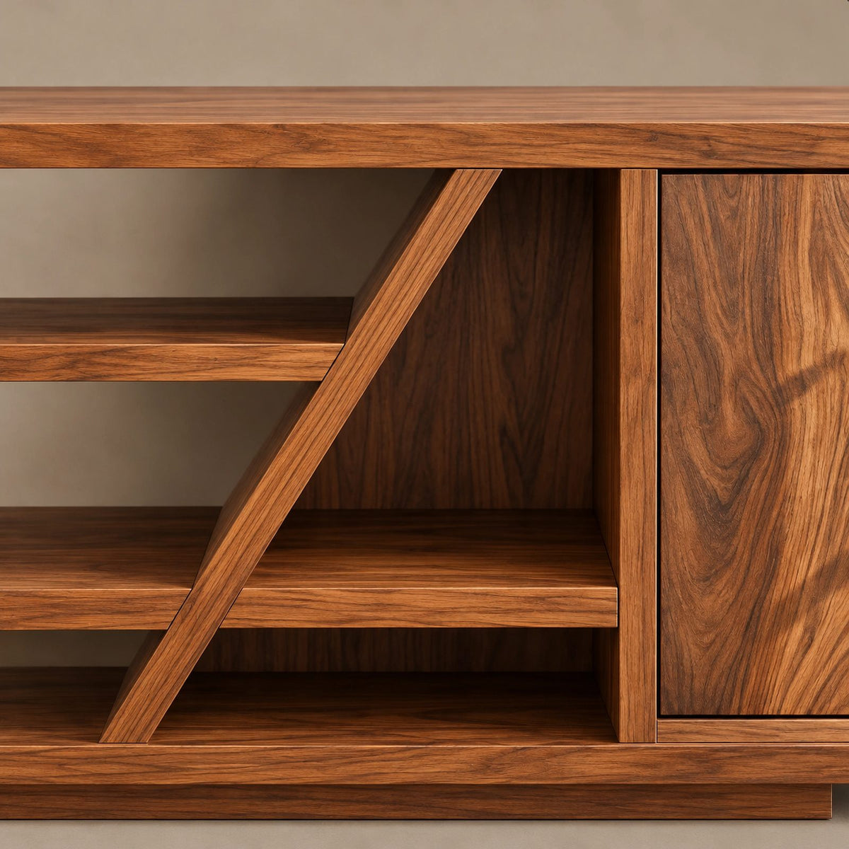 Live Edge Wood Sideboard With Open Shelf And Angled Leg For Entryway