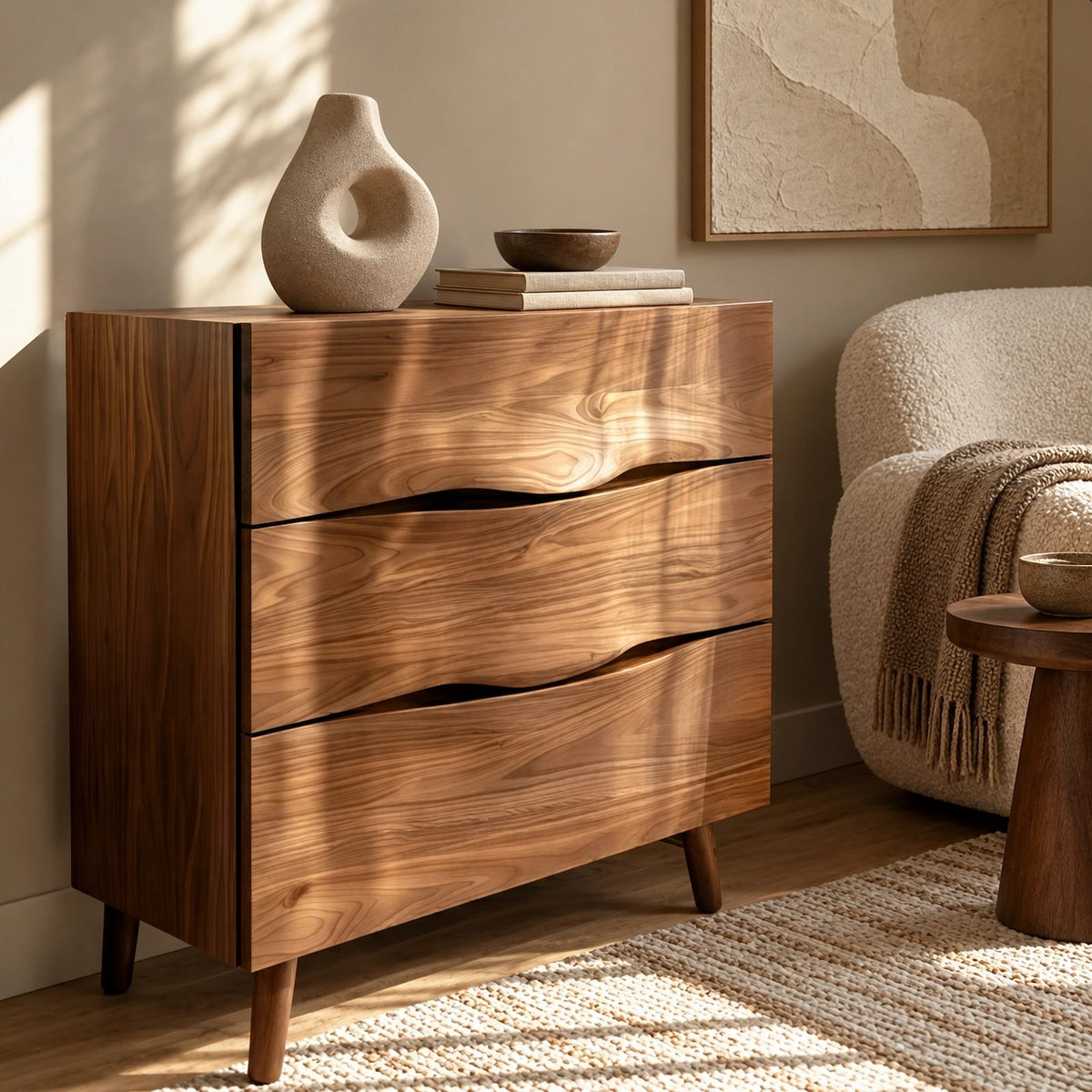 Contemporary Wood Sideboard With Sculpted Wave Drawers For Bedroom