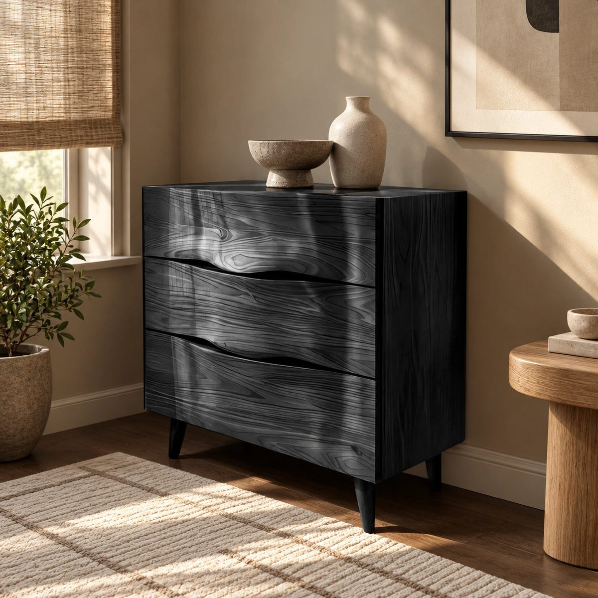 Contemporary Wood Sideboard With Sculpted Wave Drawers For Bedroom