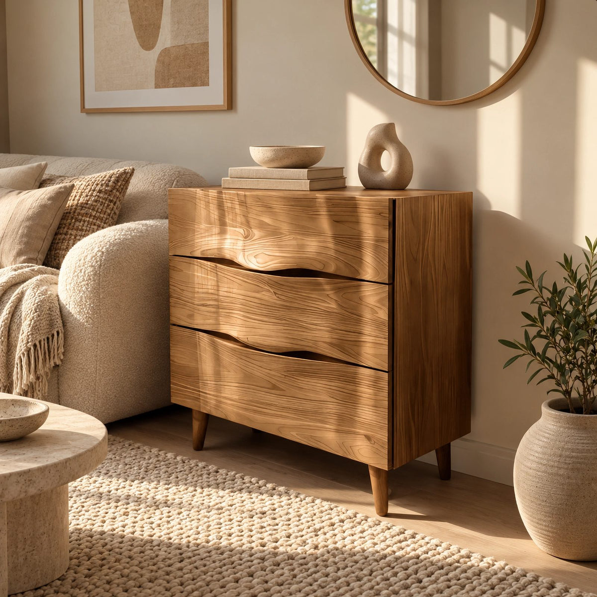 Contemporary Wood Sideboard With Sculpted Wave Drawers For Bedroom