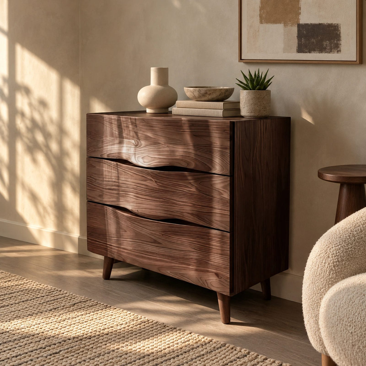 Contemporary Wood Sideboard With Sculpted Wave Drawers For Bedroom