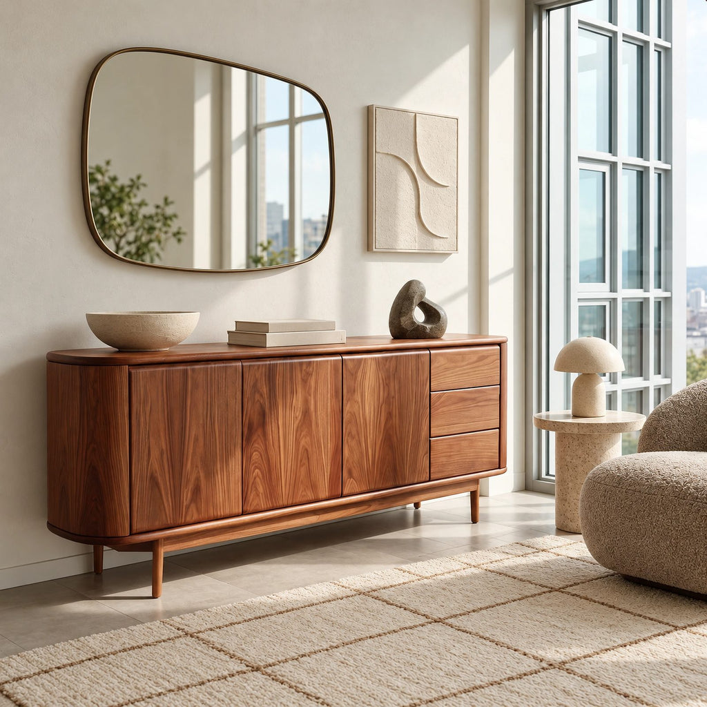 Modern Wood Sideboard With Rounded Ends And Side Drawers For Home Office
