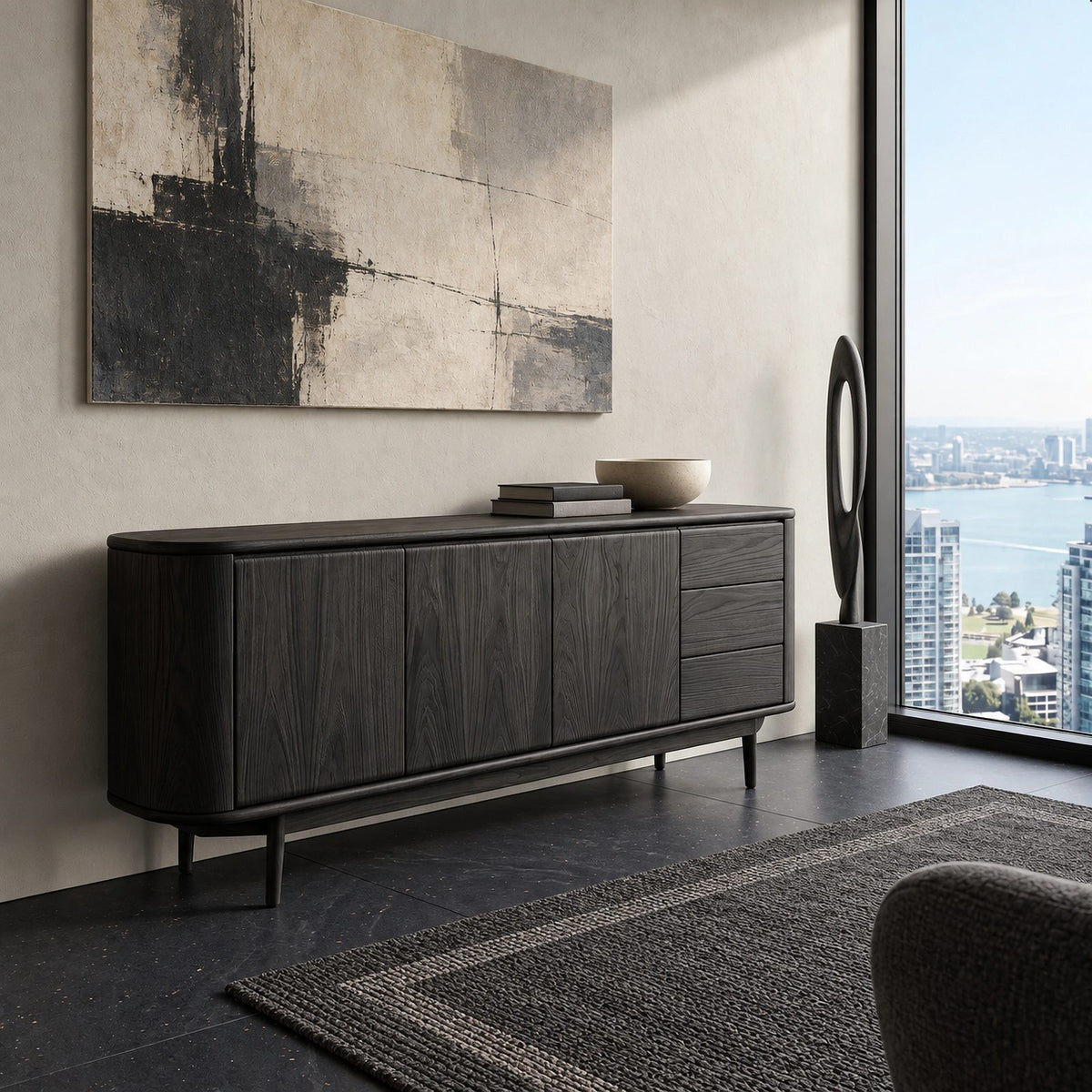 Modern Wood Sideboard With Rounded Ends And Side Drawers For Home Office
