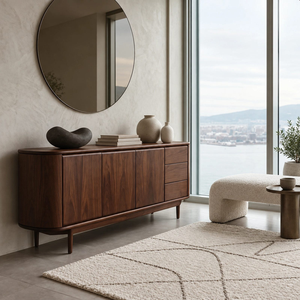 Modern Wood Sideboard With Rounded Ends And Side Drawers For Home Office