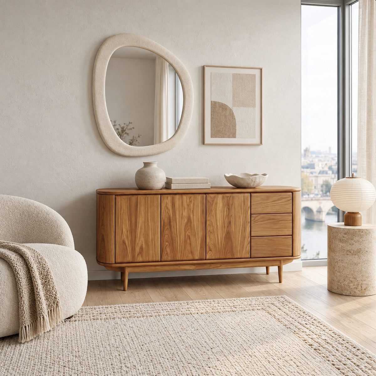 Modern Wood Sideboard With Rounded Ends And Side Drawers For Home Office