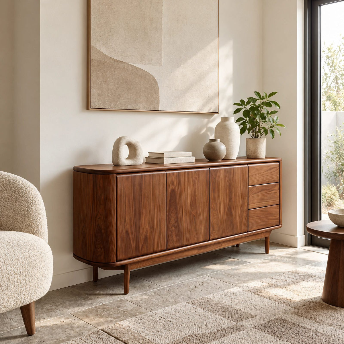 Modern Wood Sideboard With Rounded Ends And Side Drawers For Home Office