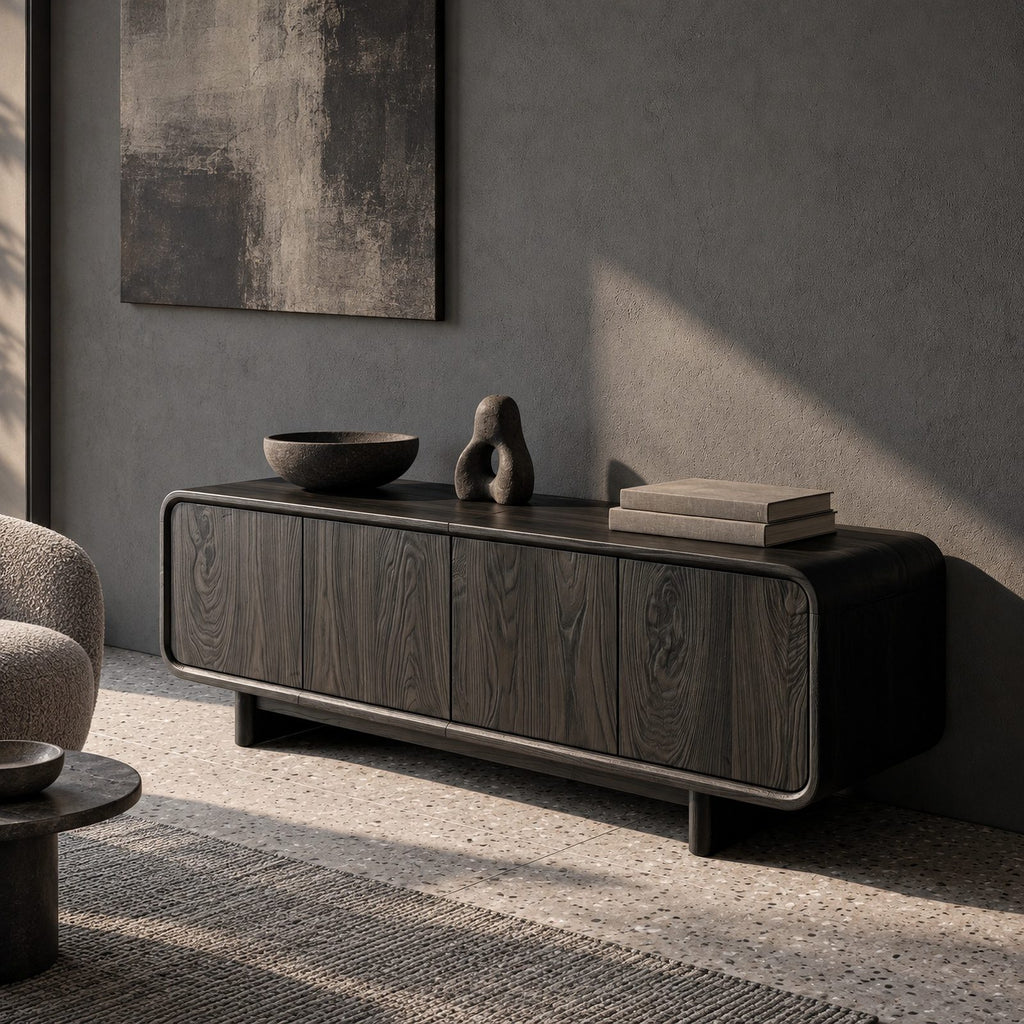 Minimalist Wood Sideboard With Soft Rounded Corners For Dining Room