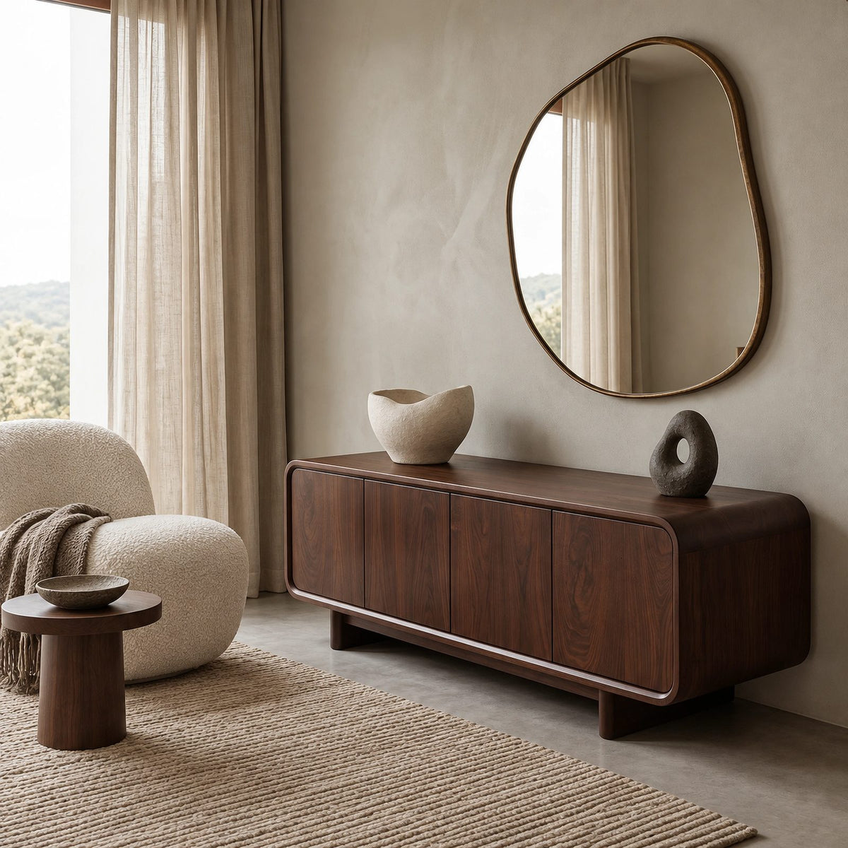 Minimalist Wood Sideboard With Soft Rounded Corners For Dining Room