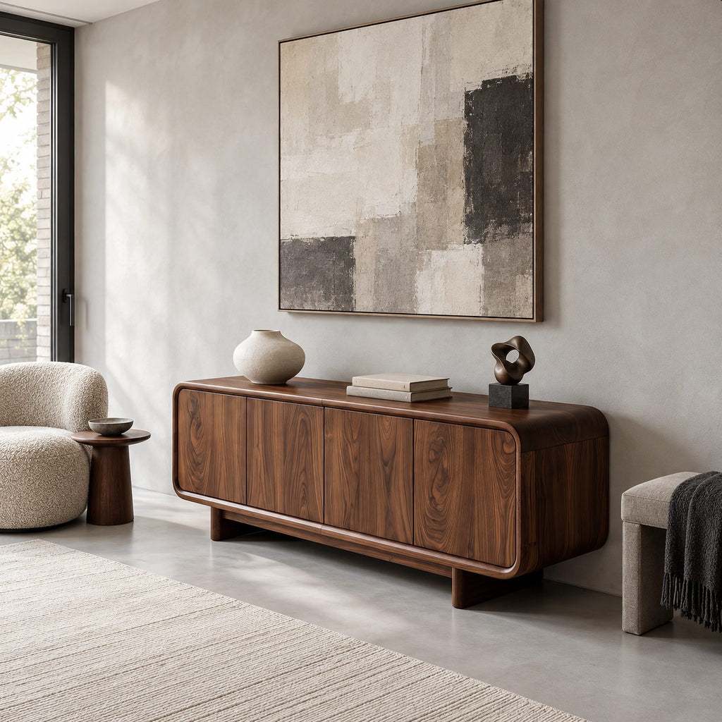 Minimalist Wood Sideboard With Soft Rounded Corners For Dining Room