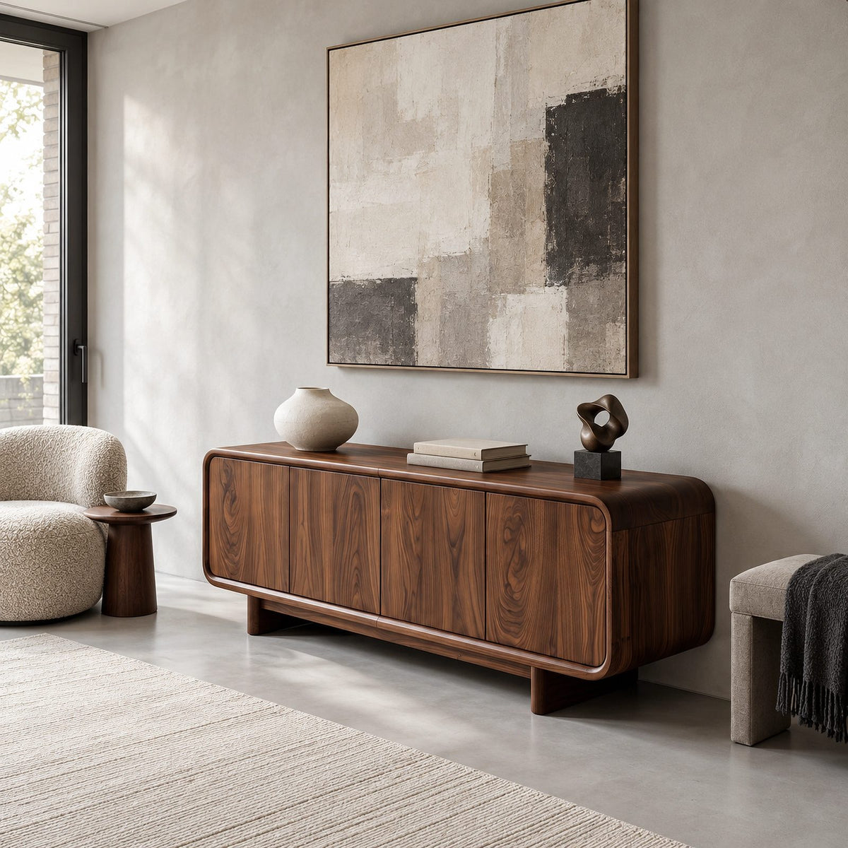 Minimalist Wood Sideboard With Soft Rounded Corners For Dining Room