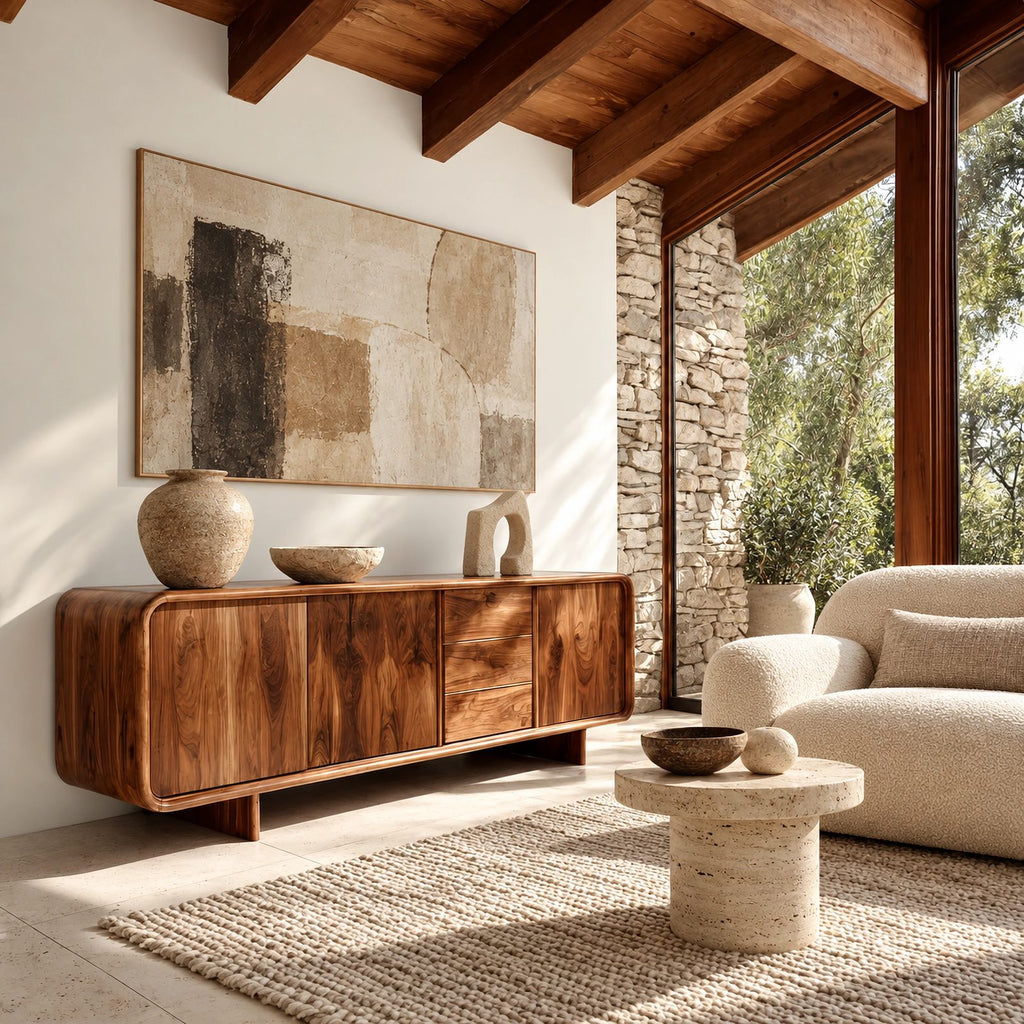 Sculptural Rounded Sideboard With Center Drawers For Living Room