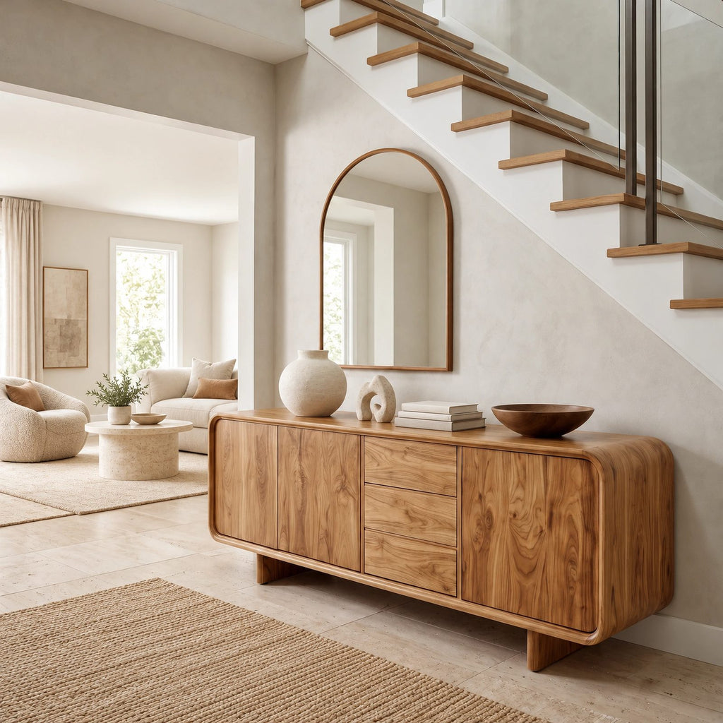 Sculptural Rounded Sideboard With Center Drawers For Living Room