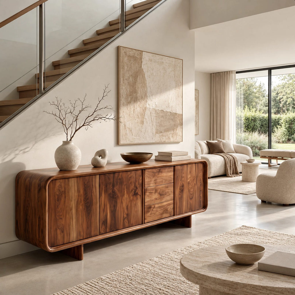 Sculptural Rounded Sideboard With Center Drawers For Living Room