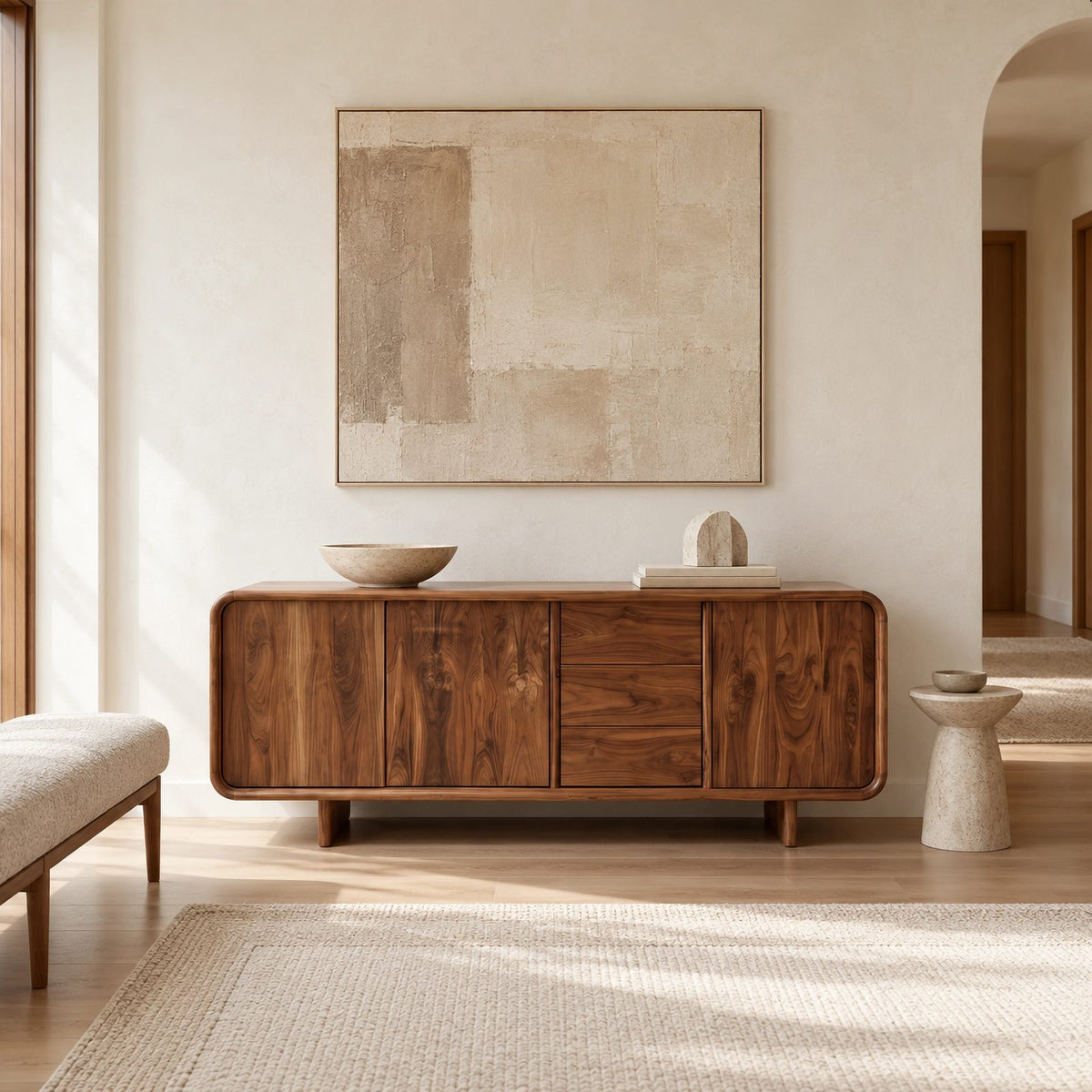 Sculptural Rounded Sideboard With Center Drawers For Living Room