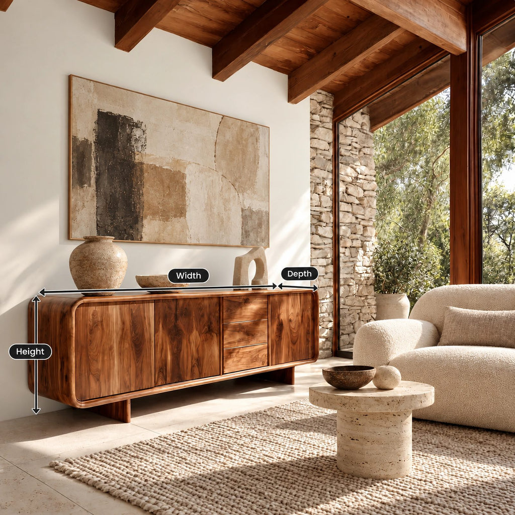 Sculptural Rounded Sideboard With Center Drawers For Living Room