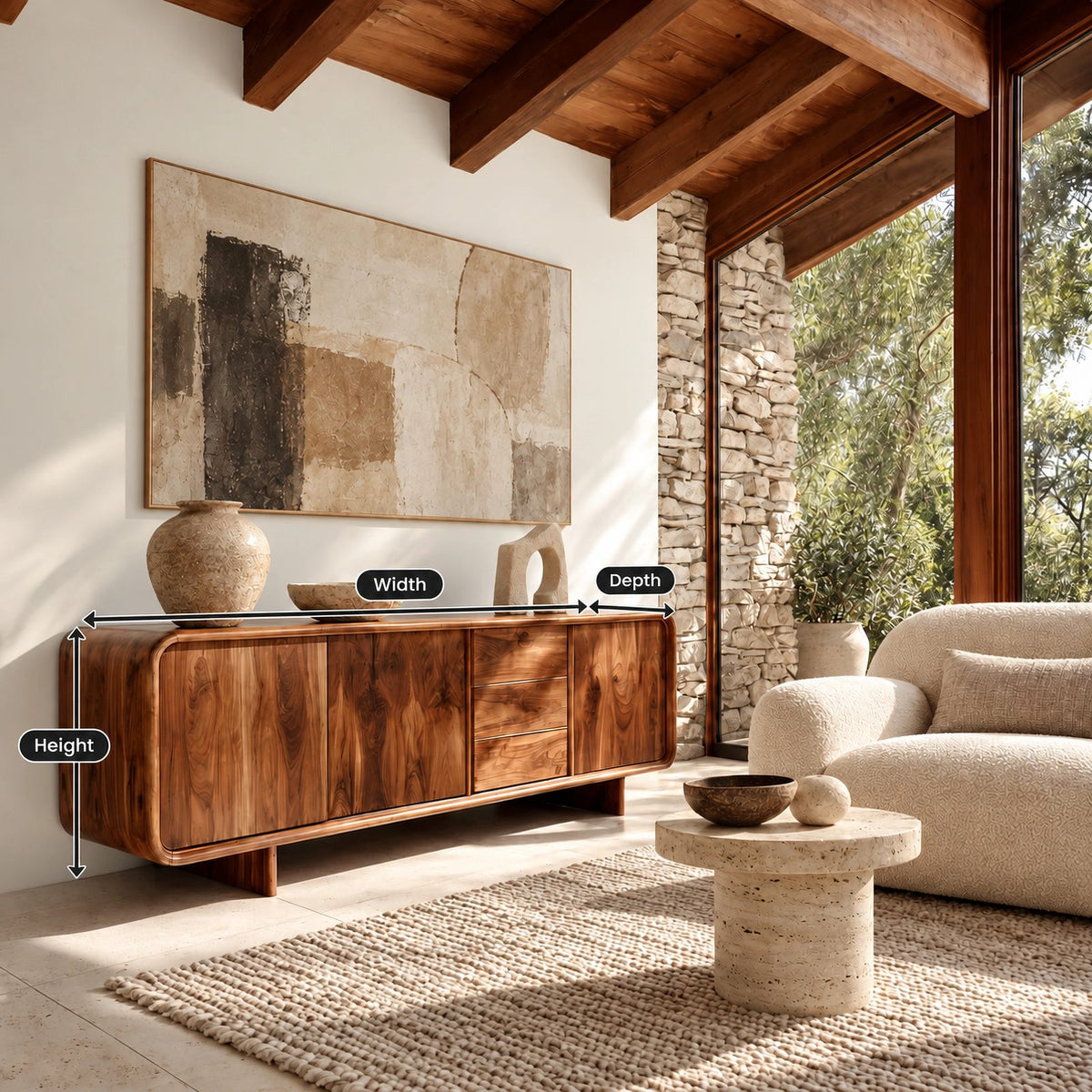 Sculptural Rounded Sideboard With Center Drawers For Living Room