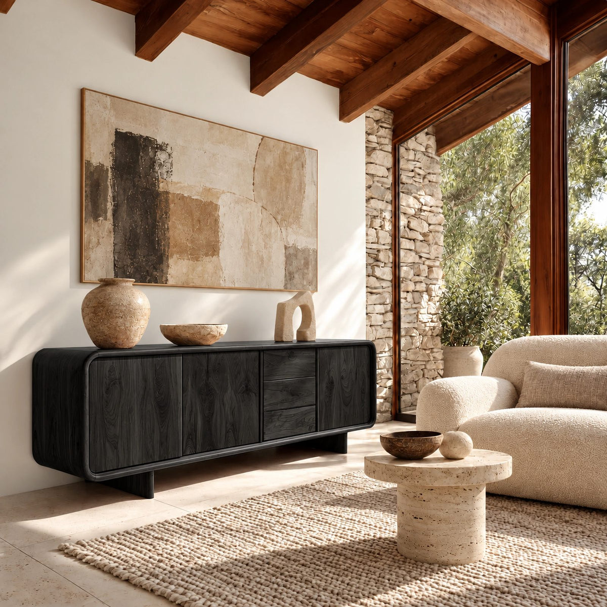 Sculptural Rounded Sideboard With Center Drawers For Living Room