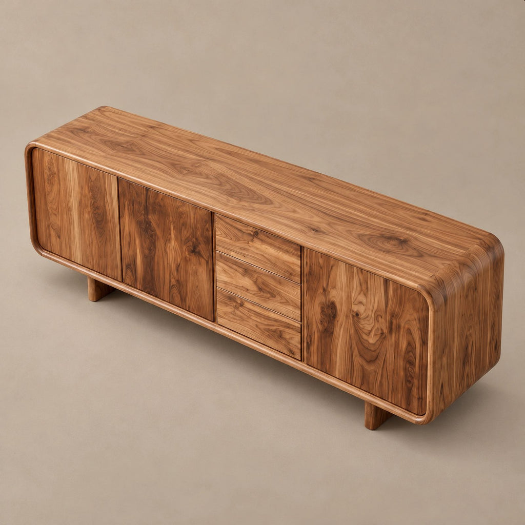 Sculptural Rounded Sideboard With Center Drawers For Living Room