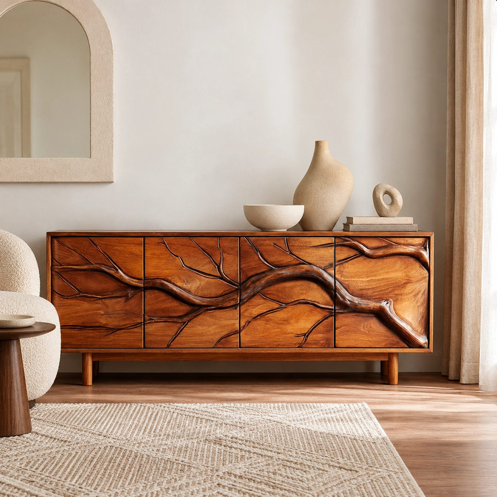 Modern Branch Carved Sideboard With Storage Doors For Dining Area