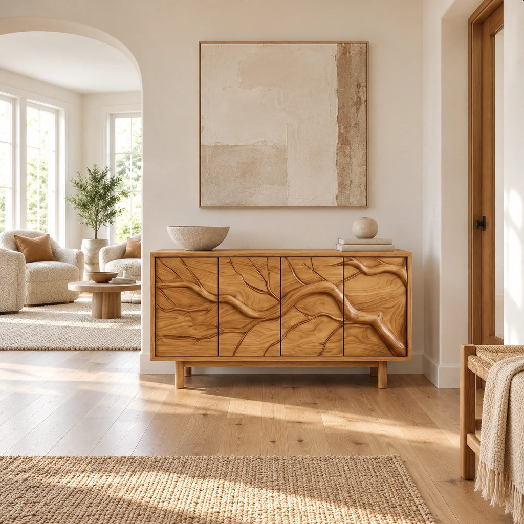 Modern Branch Carved Sideboard With Storage Doors For Dining Area
