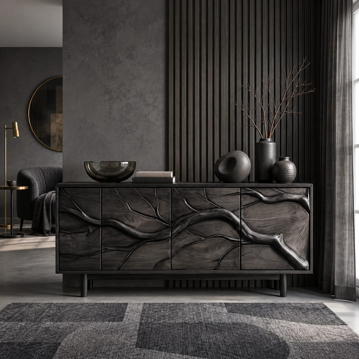 Modern Branch Carved Sideboard With Storage Doors For Dining Area