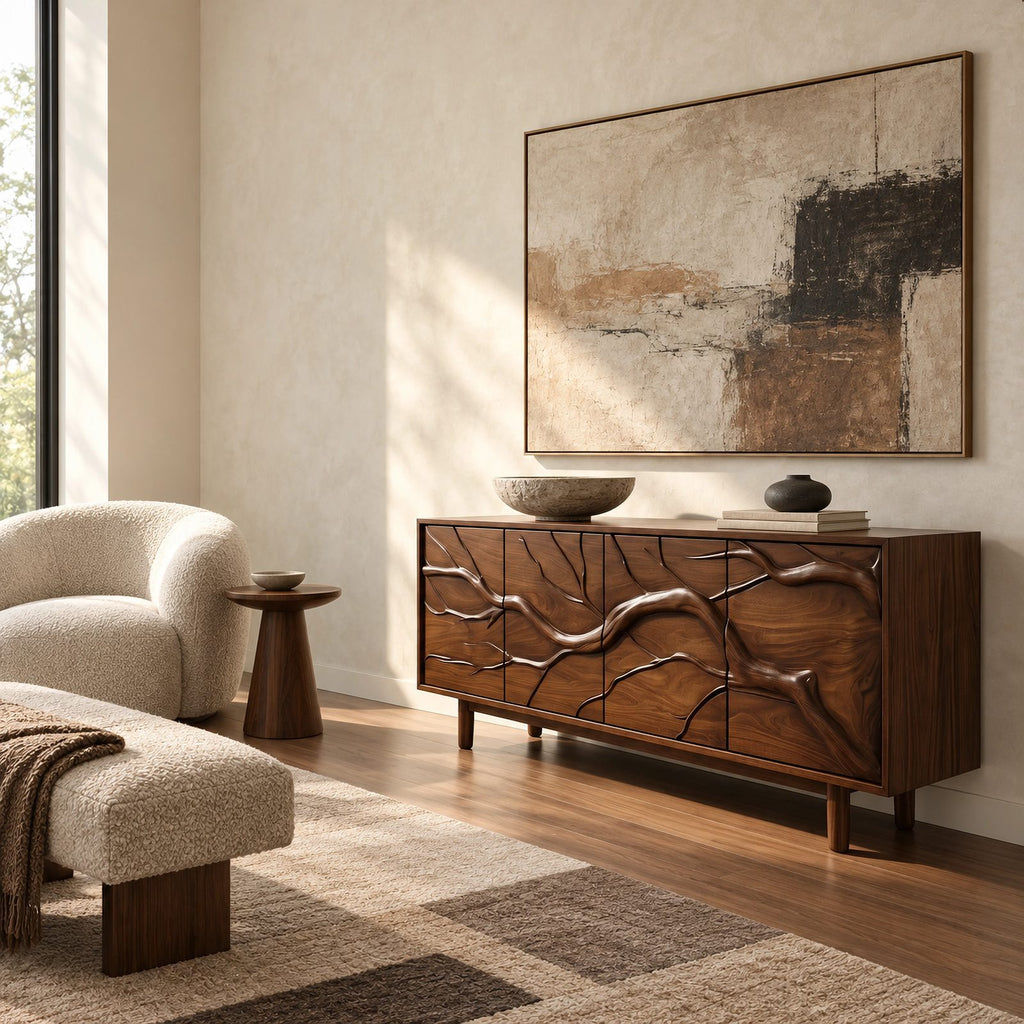 Modern Branch Carved Sideboard With Storage Doors For Dining Area
