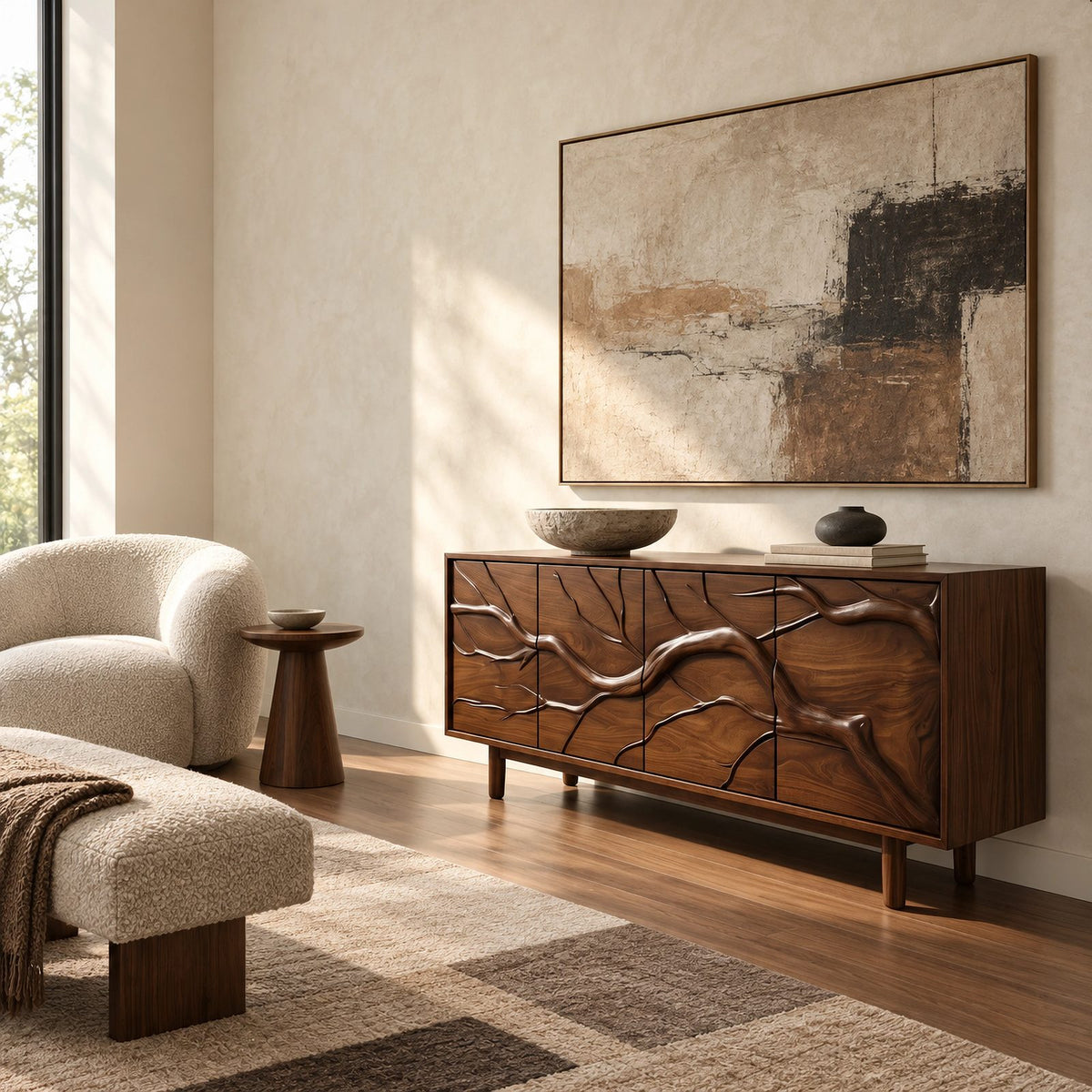 Modern Branch Carved Sideboard With Storage Doors For Dining Area