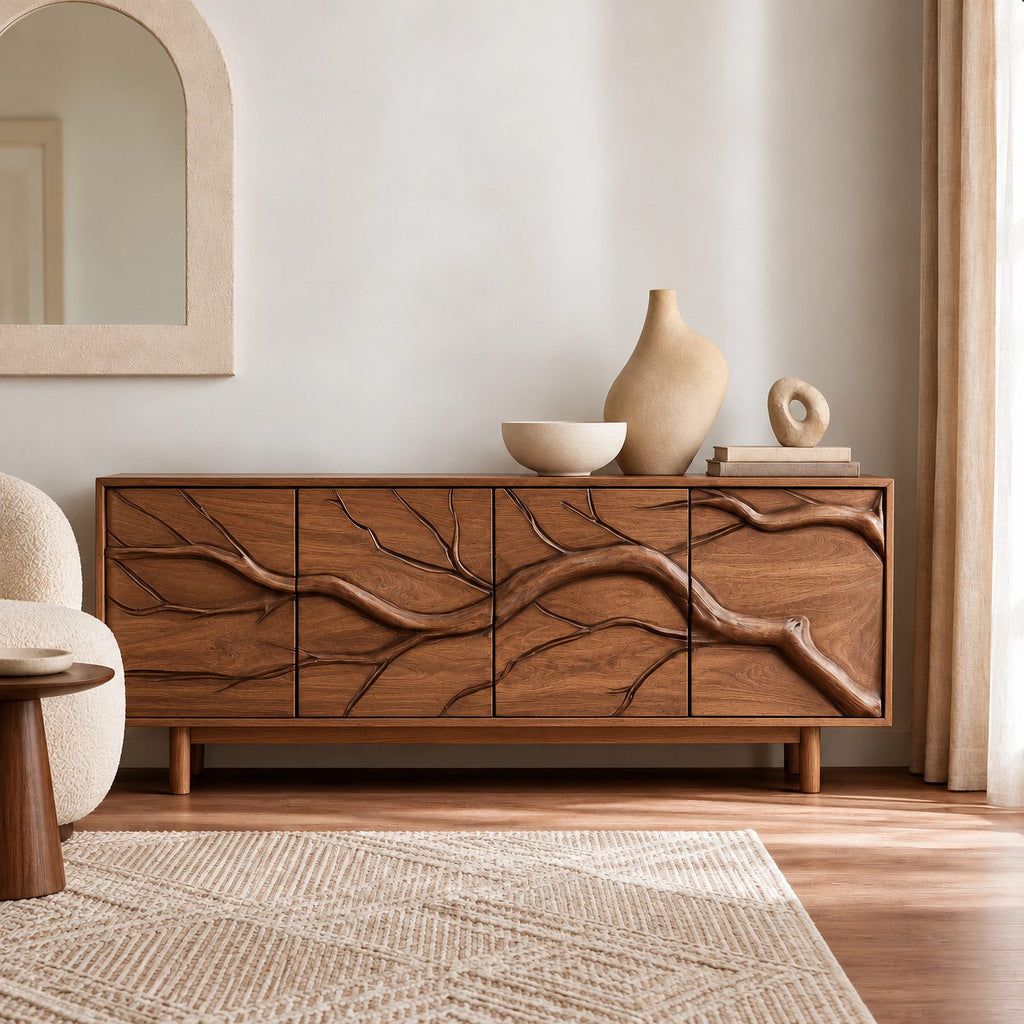 Modern Branch Carved Sideboard With Storage Doors For Dining Area
