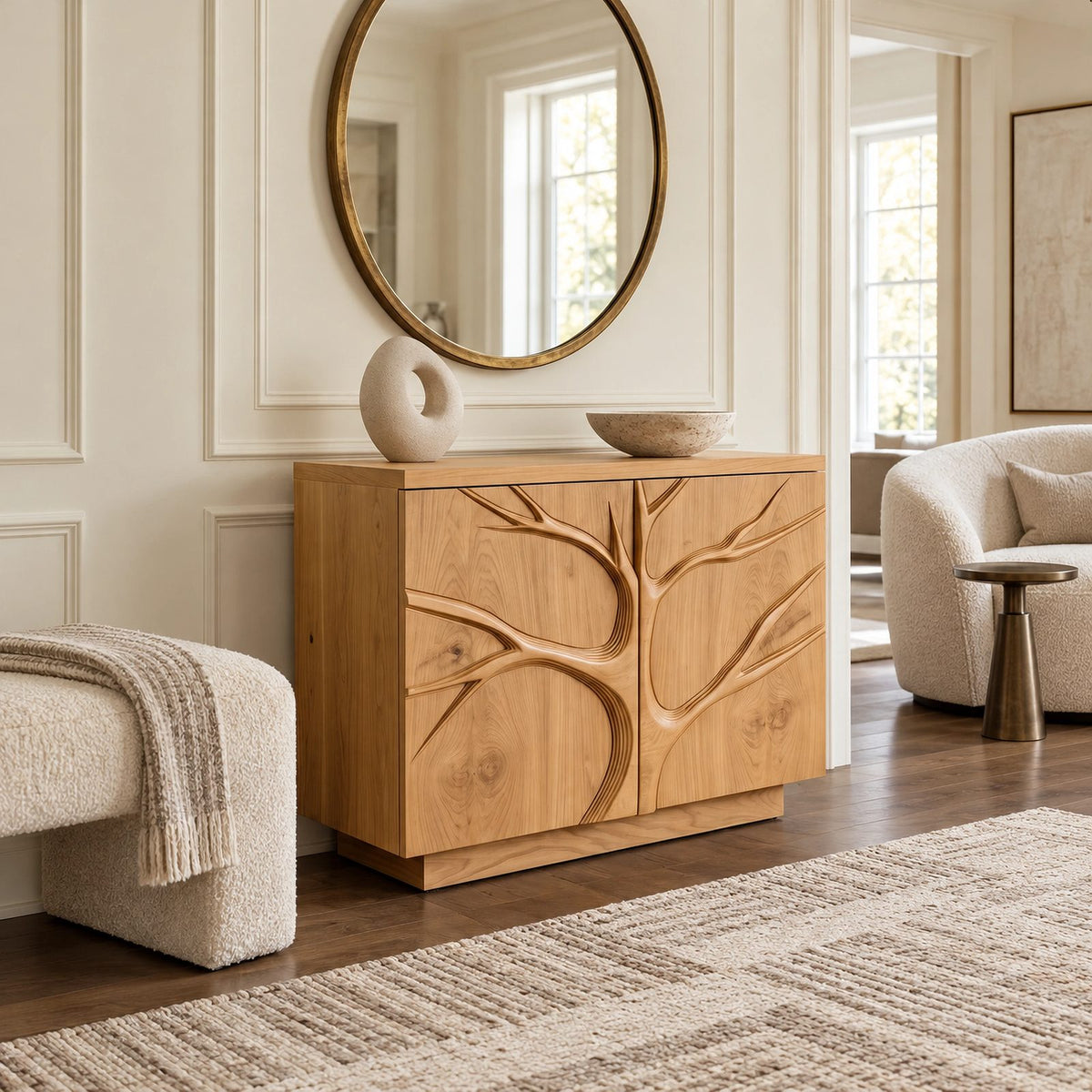 Farmhouse Tree Relief Cabinet With Plinth Base For Entryway