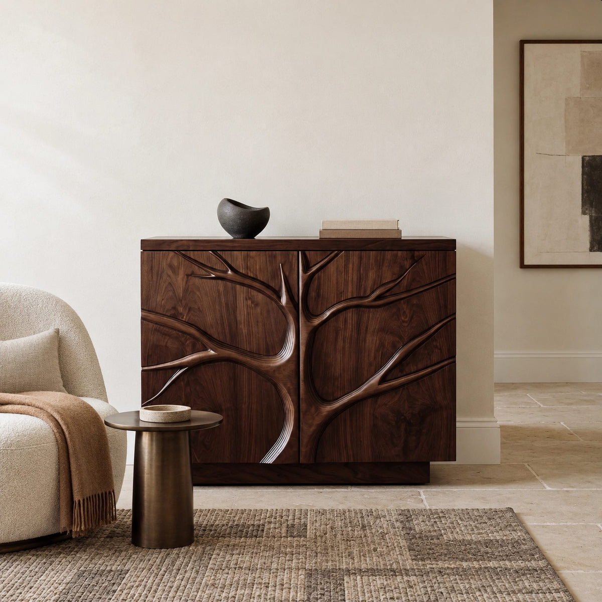 Farmhouse Tree Relief Cabinet With Plinth Base For Entryway