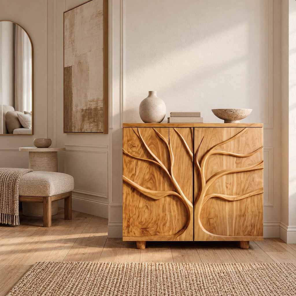 Organic Branch Relief Cabinet With Round Block Feet For Hallway