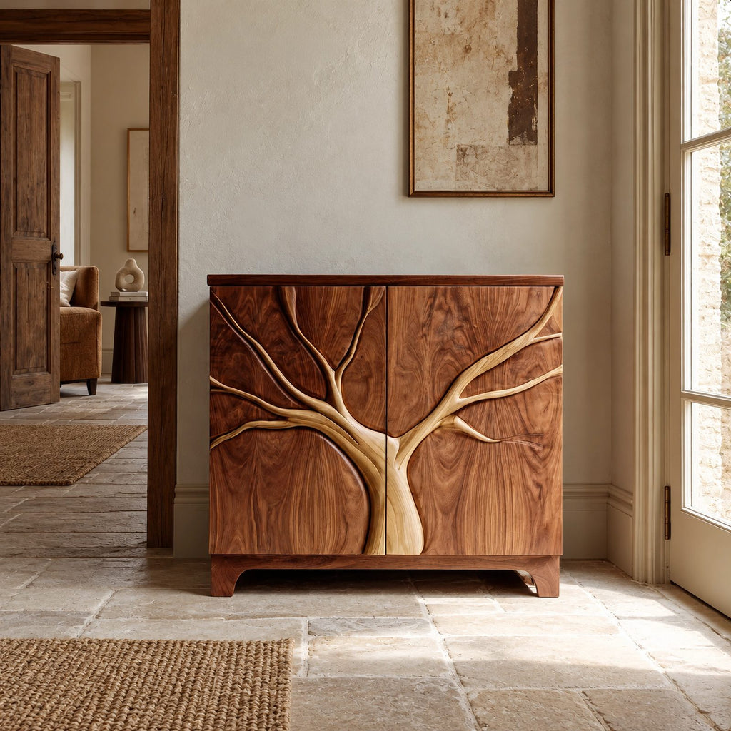 Artisan Tree Carved Cabinet With Curved Bracket Legs For Foyer