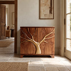 Artisan Tree Carved Cabinet With Curved Bracket Legs For Foyer