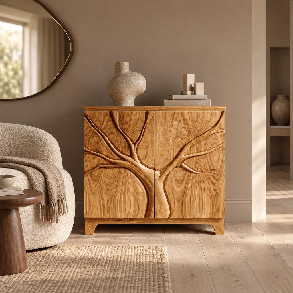 Artisan Tree Carved Cabinet With Curved Bracket Legs For Foyer