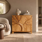 Artisan Tree Carved Cabinet With Curved Bracket Legs For Foyer