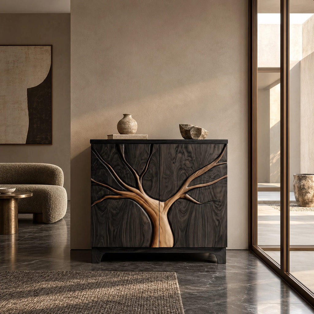 Artisan Tree Carved Cabinet With Curved Bracket Legs For Foyer