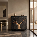 Artisan Tree Carved Cabinet With Curved Bracket Legs For Foyer