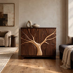 Artisan Tree Carved Cabinet With Curved Bracket Legs For Foyer