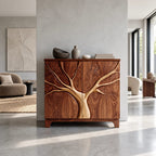 Artisan Tree Carved Cabinet With Curved Bracket Legs For Foyer