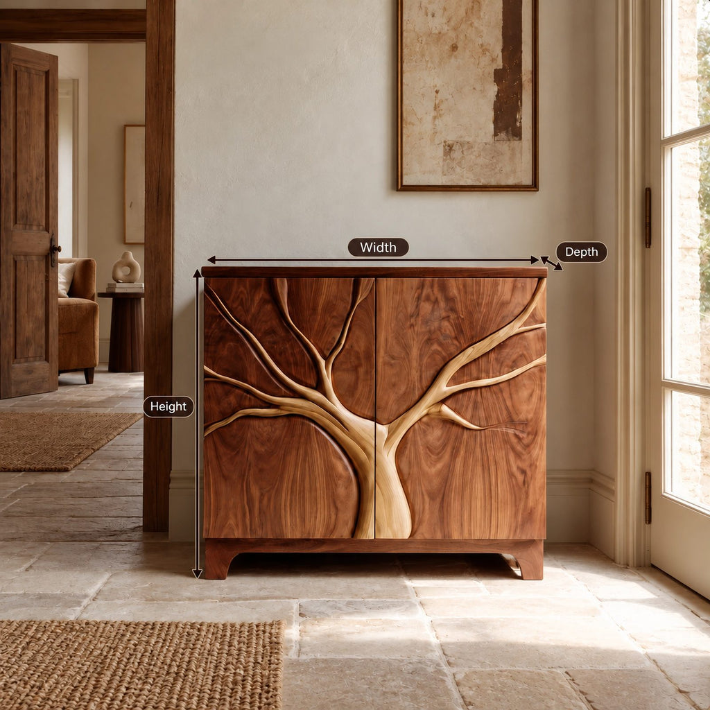 Artisan Tree Carved Cabinet With Curved Bracket Legs For Foyer