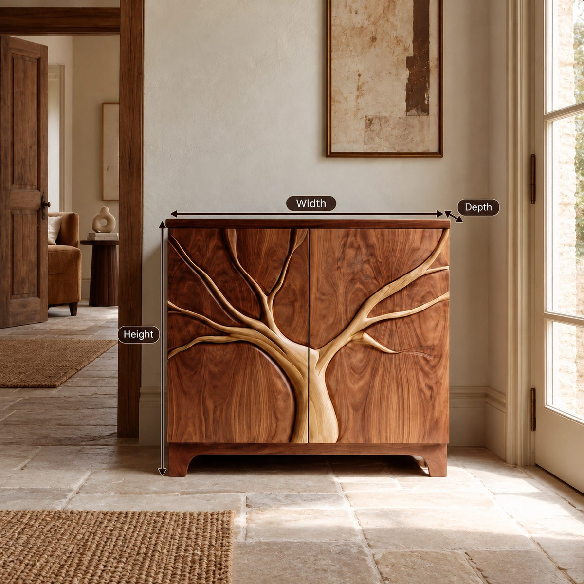 Artisan Tree Carved Cabinet With Curved Bracket Legs For Foyer
