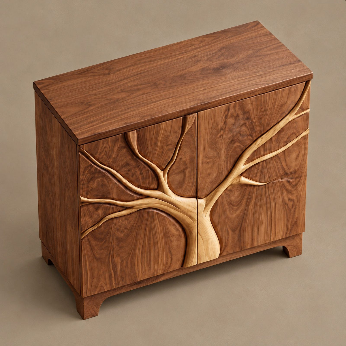 Artisan Tree Carved Cabinet With Curved Bracket Legs For Foyer