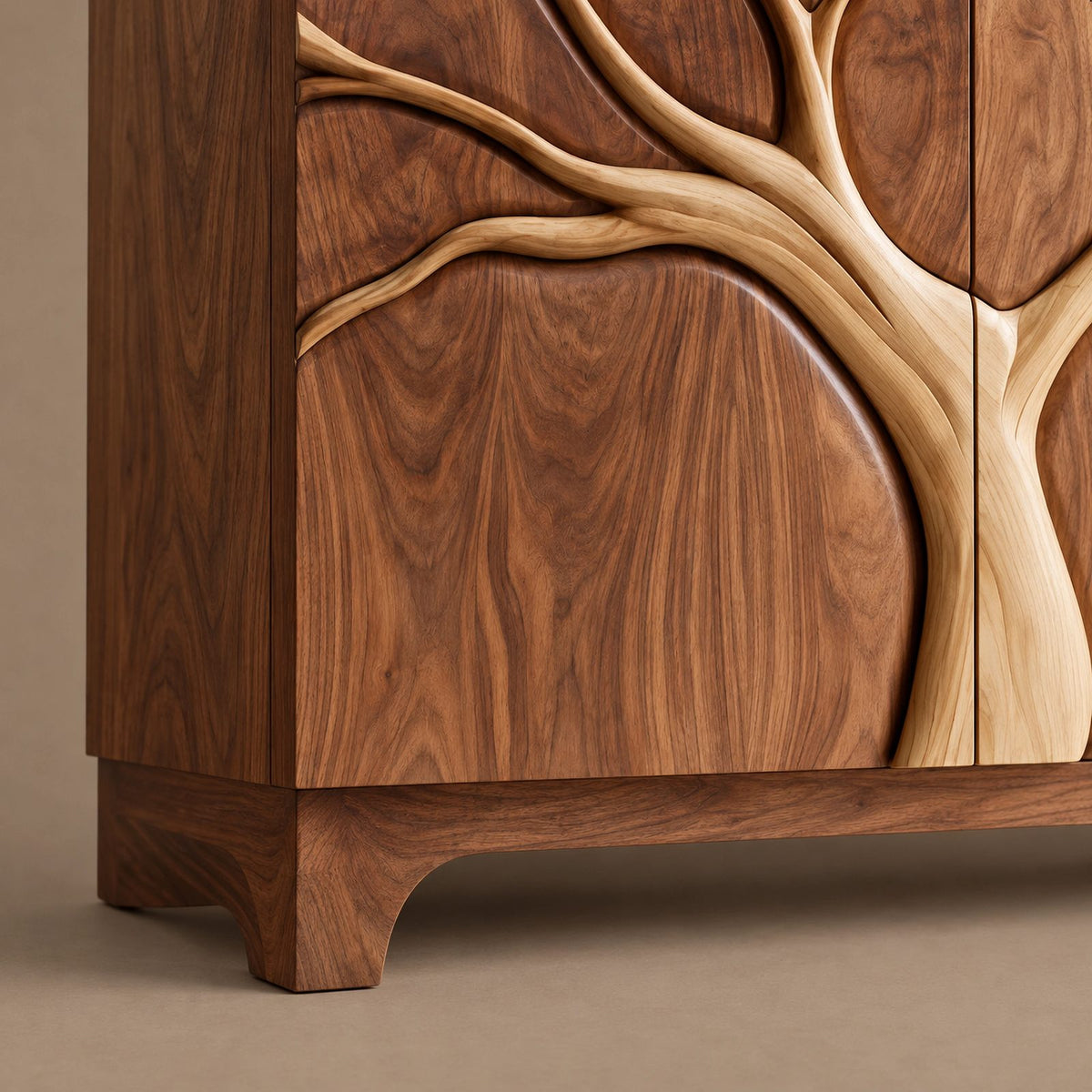 Artisan Tree Carved Cabinet With Curved Bracket Legs For Foyer
