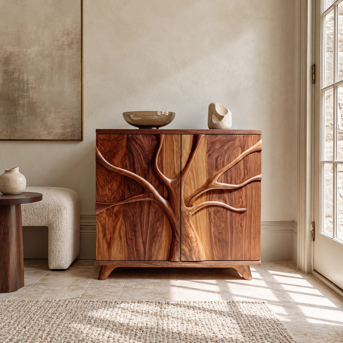 Sculptural Branch Cabinet With Flared Wood Legs For Living Room