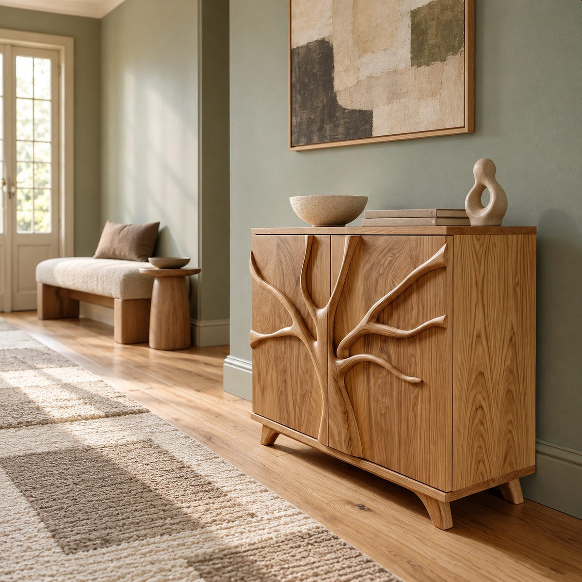 Sculptural Branch Cabinet With Flared Wood Legs For Living Room