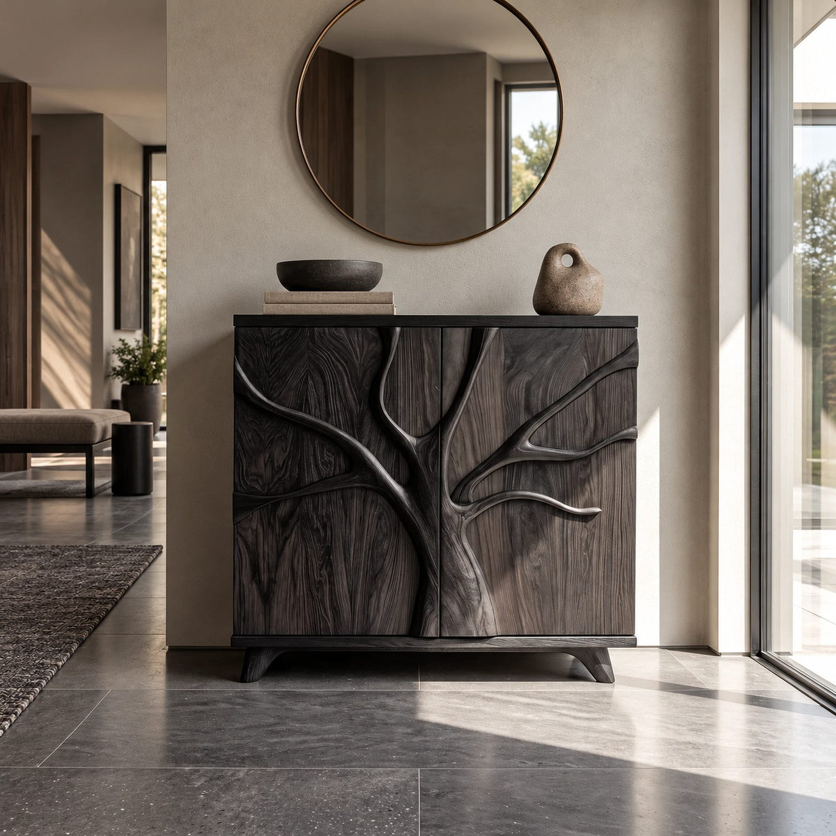 Sculptural Branch Cabinet With Flared Wood Legs For Living Room
