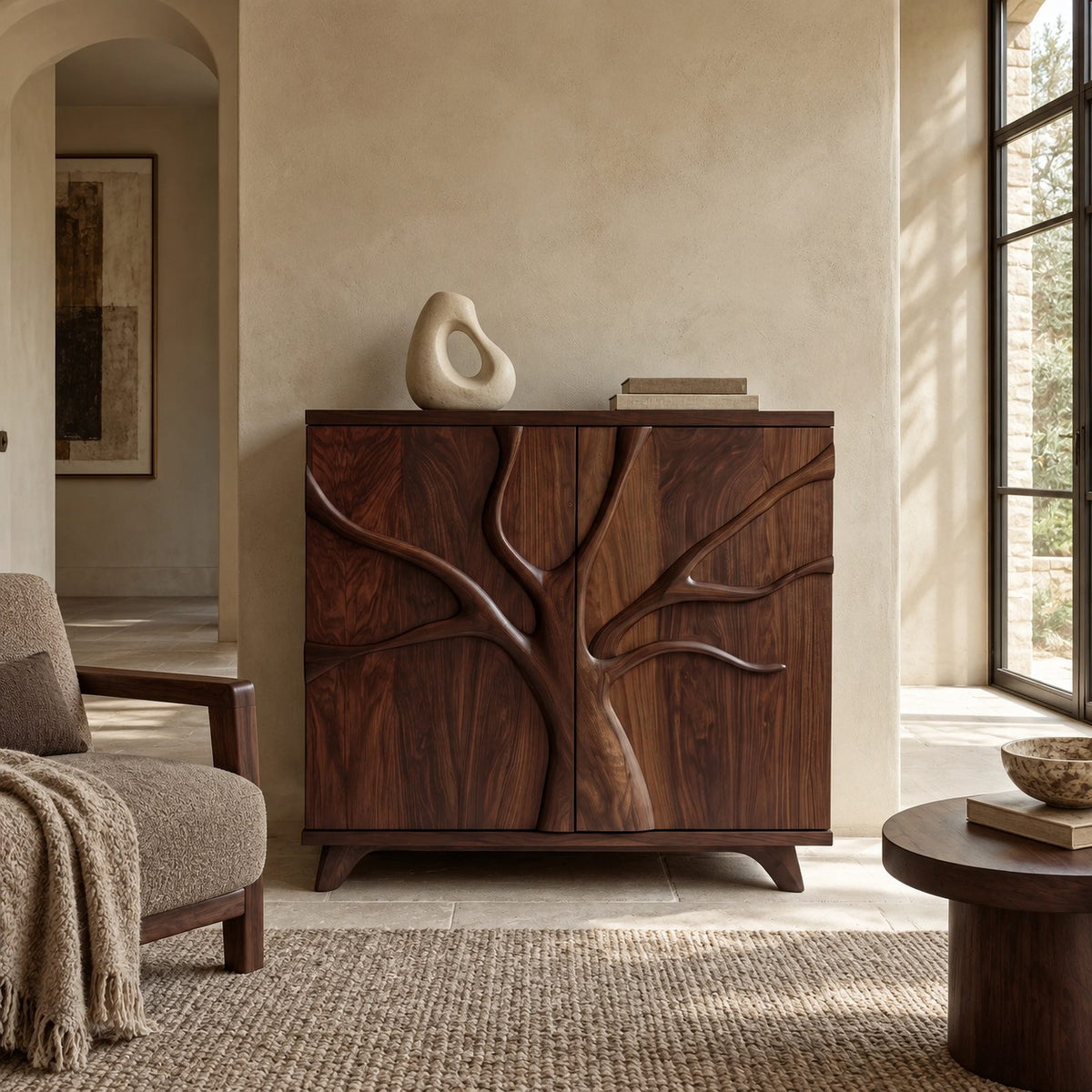 Sculptural Branch Cabinet With Flared Wood Legs For Living Room