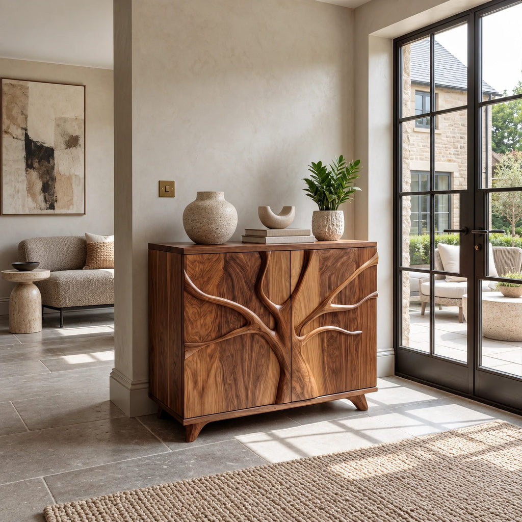 Sculptural Branch Cabinet With Flared Wood Legs For Living Room