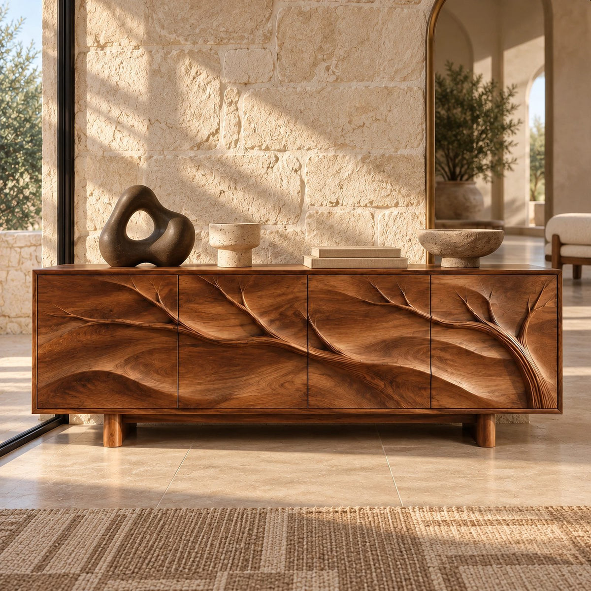 Handcrafted Branch Carved Sideboard With Cylinder Legs For Dining Room